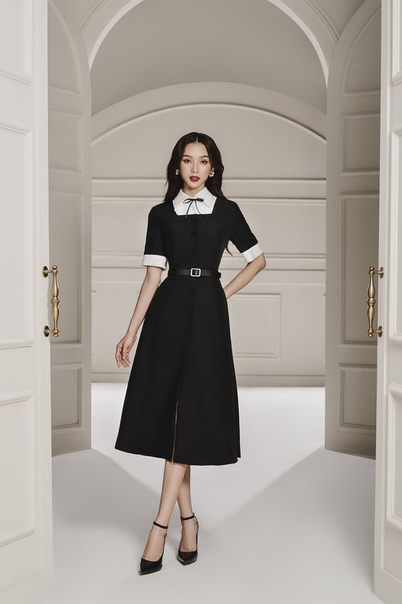 High-end Elegant black and white midi dress - Tommi