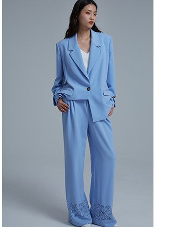 LEDIM W high end luxury folded sleeve irregulare blue blazer