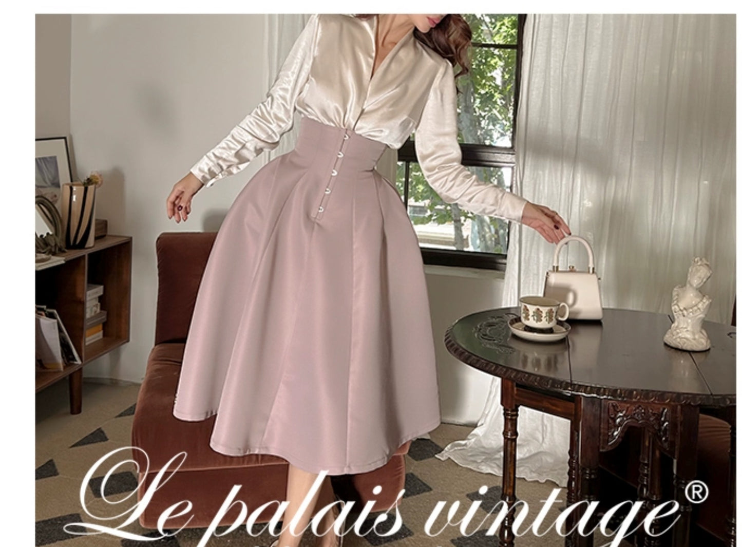 Le Palais Vintage Elegant Lotus Pink Waist Jacket  Swing structured Skirt -Lady Madeleine