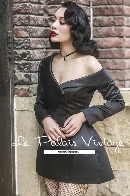 Le palais vintage satin three-dimensional cut waist off-the-shoulder retro blazer - Okle