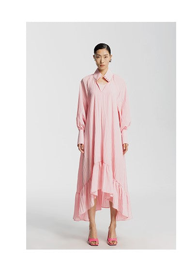 LEDIM W luxury highend ruffle soft pastel pink loose shirt midi dress - Imon