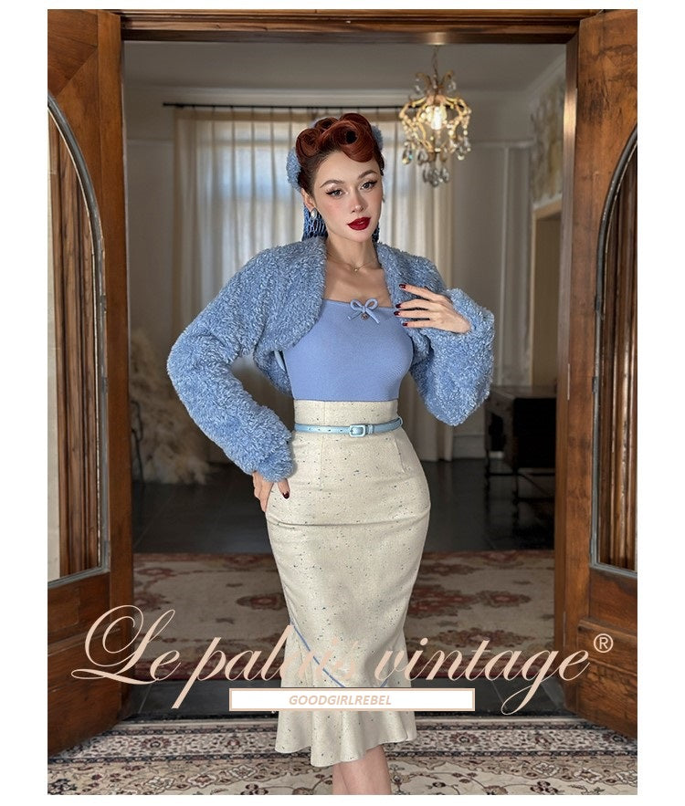 Le Palais Vintage 1940 Elegant tweed waist jacket fishtail skirt - snow flake