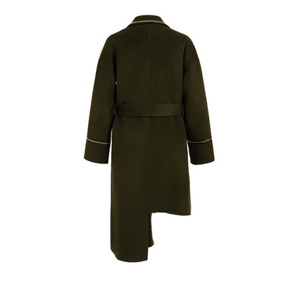 YES BY YESIR autumn winter dark army green mid-length webbing woolen coat - Casie