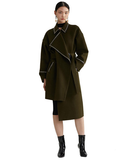 YES BY YESIR autumn winter dark army green mid-length webbing woolen coat - Casie