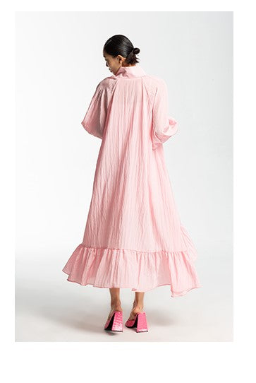 LEDIM W luxury highend ruffle soft pastel pink loose shirt midi dress - Imon