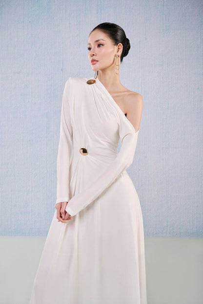 White Plan A-line Asymmetric off one shoulder Sleeved cinched waist Viscose Ankle Length midi dress - Spinel