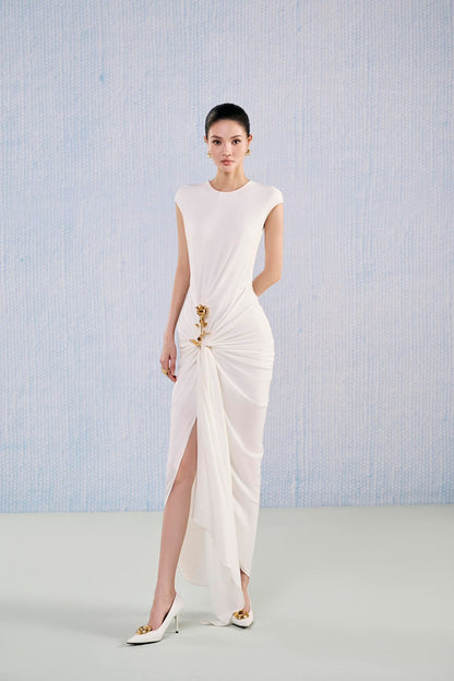 White Plan Round Neck Viscose white ruched draped sarong dress - Moonstone