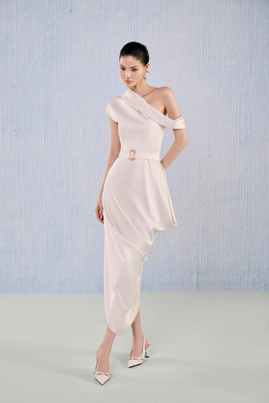 White Plan Asymmetric Diagonal Neck Silk Blend dress -  Pearl