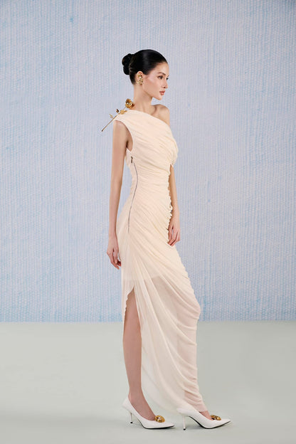 White Plan Asymmetric off-shoulder Gathered Viscose Floor Length draped nude dress - Topaz