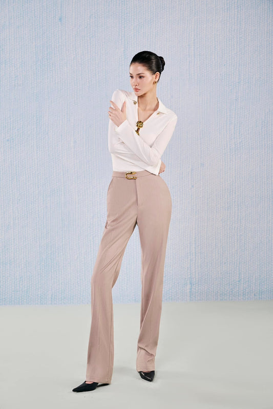 White Plan Brown tailored Straight Front Zipper Viscose Floor Length Pants - Jade