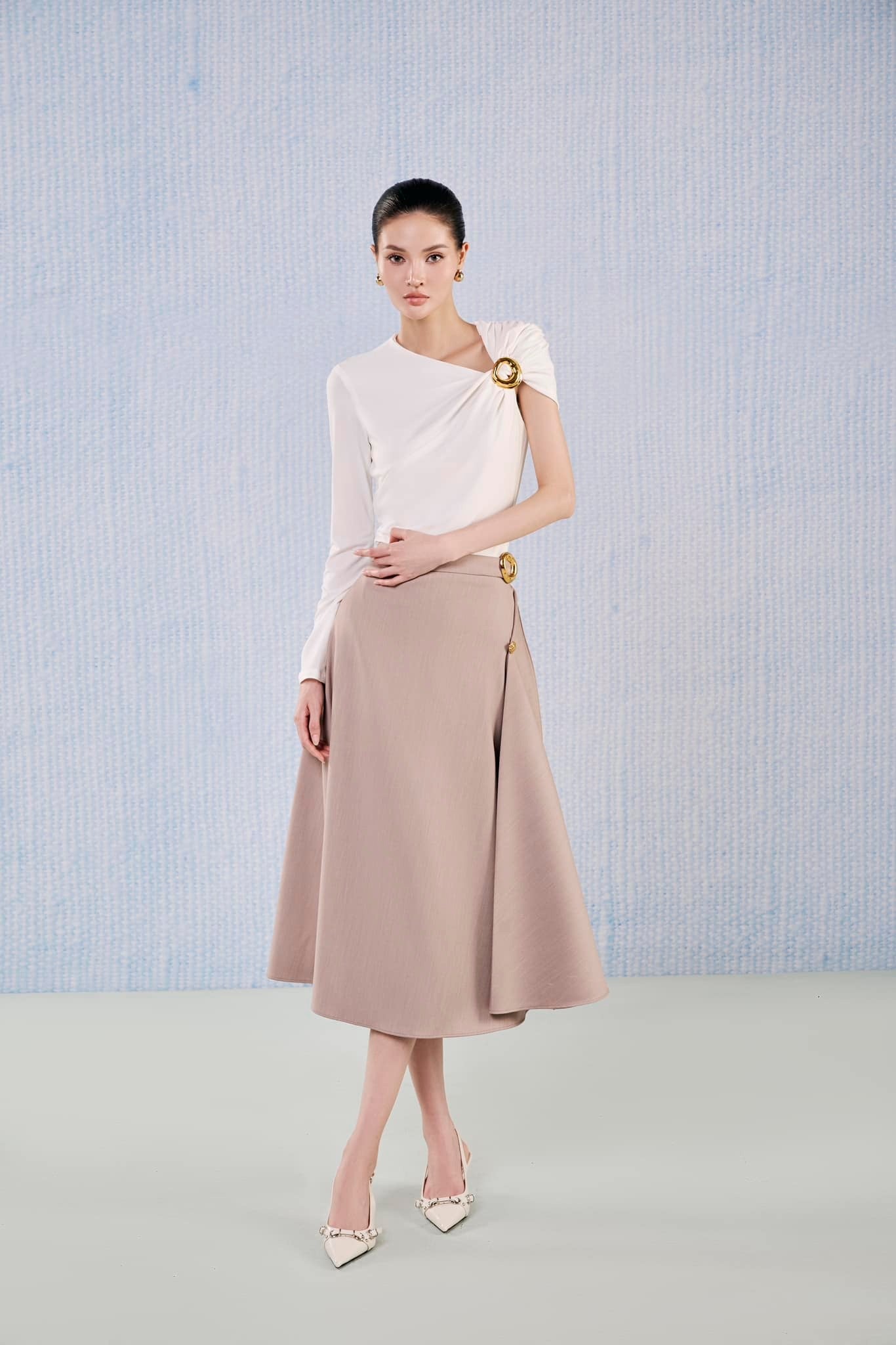 White Plan A-line Flared Viscose draped pleat Midi Skirt - Pyrite Skirt