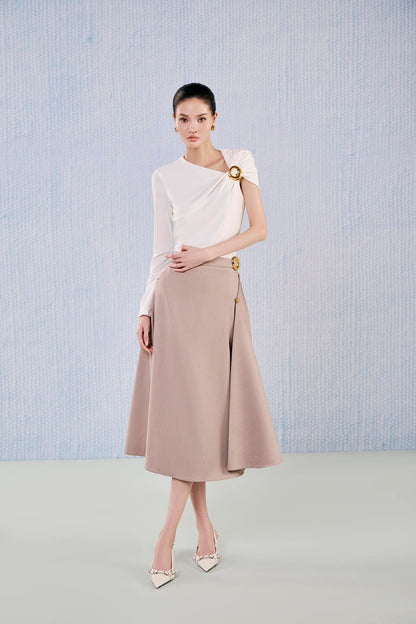 White Plan A-line Flared Viscose draped pleat Midi Skirt - Pyrite Skirt