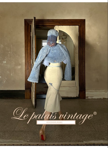 Le Palais Vintage 1940 Elegant tweed waist jacket fishtail skirt - snow flake