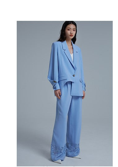 LEDIM W high end luxury folded sleeve irregulare blue blazer