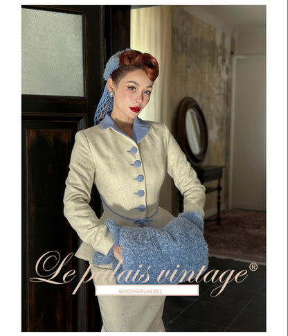 Le Palais Vintage 1940 Elegant tweed waist jacket fishtail skirt - snow flake