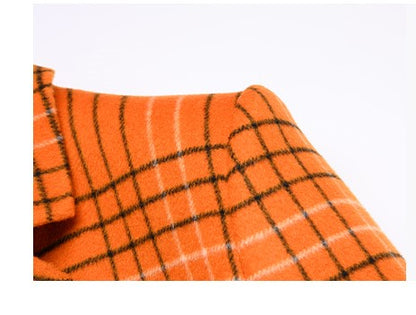 YES BY YESIR autumn winter orange plaid cut-out hollow small waist fine long coat - Kara