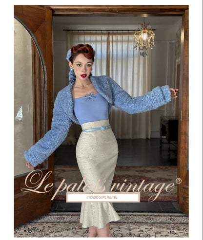 Le Palais Vintage 1940 Elegant tweed waist jacket fishtail skirt - snow flake