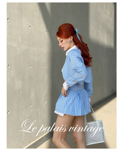 Le Palais Vintage Luxury Blue Striped Crop Shirt Pleated Skirt Pumpkin Shorts-Janetta