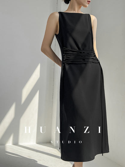 Huanzi French shoulders cinched waist women's summer Midi dress - Kendou