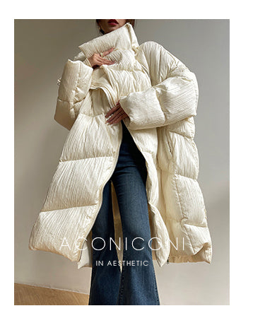 Aconiconi Luxury Cream Duck Down Collar Loose Thick Long Coat - Winter Whisper