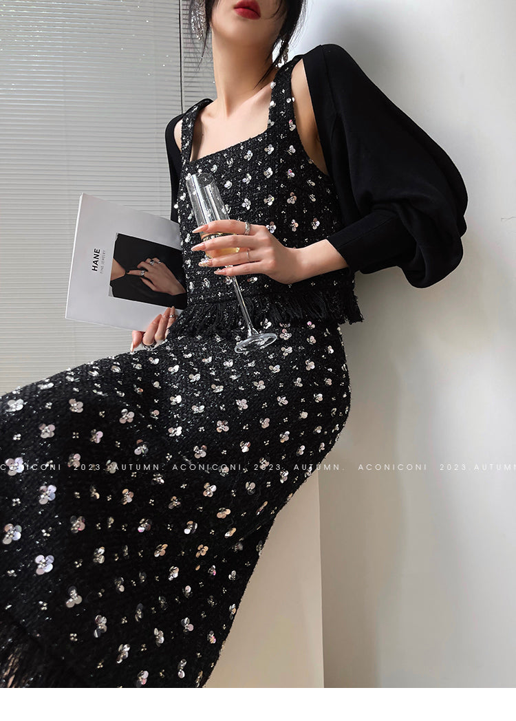 Aconiconi Luxury Black French Retro Starry Sleeveless Top/ Hip Hug Skirt- Manmanxingyu