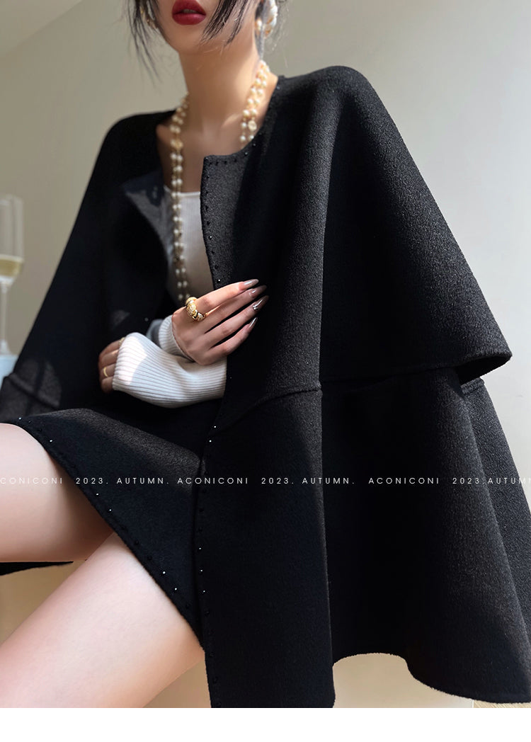 Aconiconi Luxury  Cape Shawl Woolen Winter Coat- Sea Night Twilight