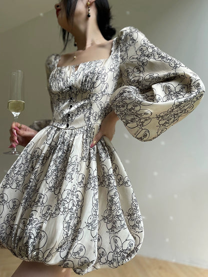 Aconoconi Print Square Collar Long Puff Sleeve Bubble Short Dress - Moonlight Waltz