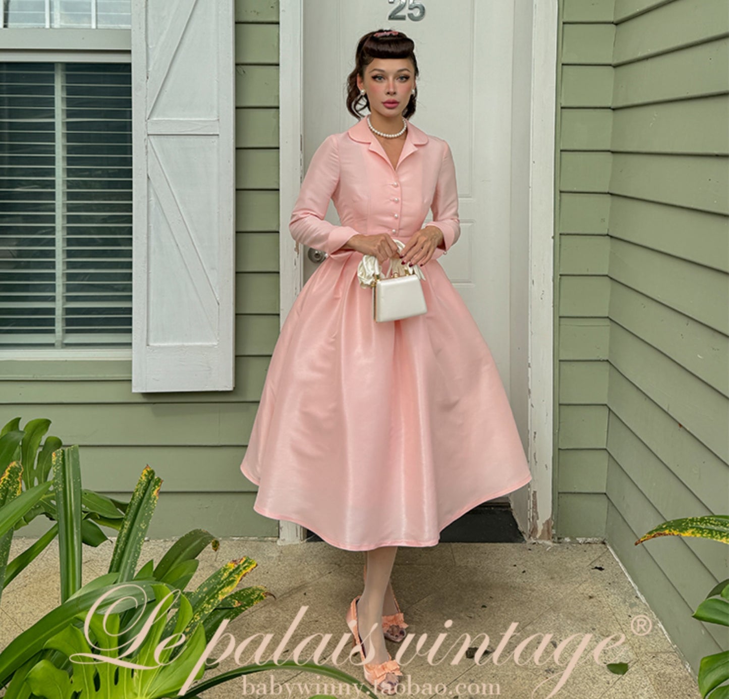 Le Palais Vintage Pink Retro Lapel Long Sleeve Button Puffy Cocktail Skirt-LEO