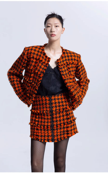 LEDIM W luxury highend patchwork orange houndstooth tweed short shirt- Haiei