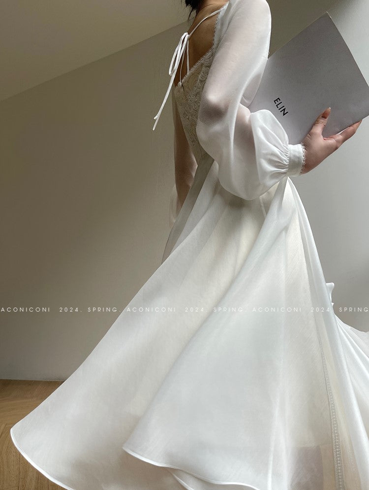 Aconiconi Elegant White Long Sleeve bridal reharsal Dress- Listen Spring