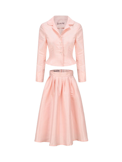 Le Palais Vintage Pink Retro Lapel Long Sleeve Button Puffy Cocktail Skirt-LEO