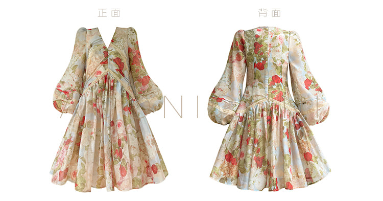 Aconiconi Elegant French Floral Print V-Neck Lantern Sleeve short Dress- Hanano Hatsugaki