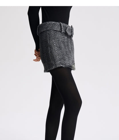 LEDIM W HERRINGBONE WINTER A-LINE short mini SKIRT - Tink