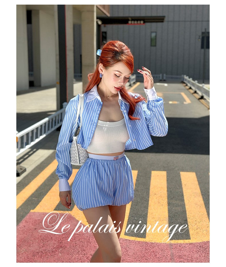 Le Palais Vintage Luxury Blue Striped Crop Shirt Pleated Skirt Pumpkin Shorts-Janetta