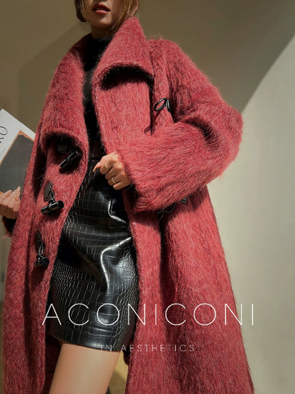 Aconiconi Elegant Korean Collar Long Sleeve Horn Button Thick Coat-  Berry Waffles