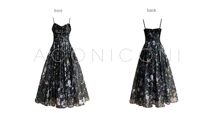 Aconiconi Luxury Black Flower Print  Slim Waist vacation Dress- Huachen Yueying