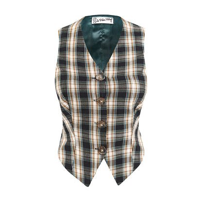 Le Palais Vintage High End Plaid Vest Shirt Pleated Sexy Office Suit Skirt-Stella