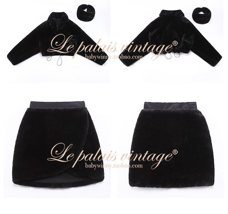 Le Palais Vintage Luxury Black Long Sleeves Short Faux Fur Short Coat and Dinner Skirt Suit-Selena