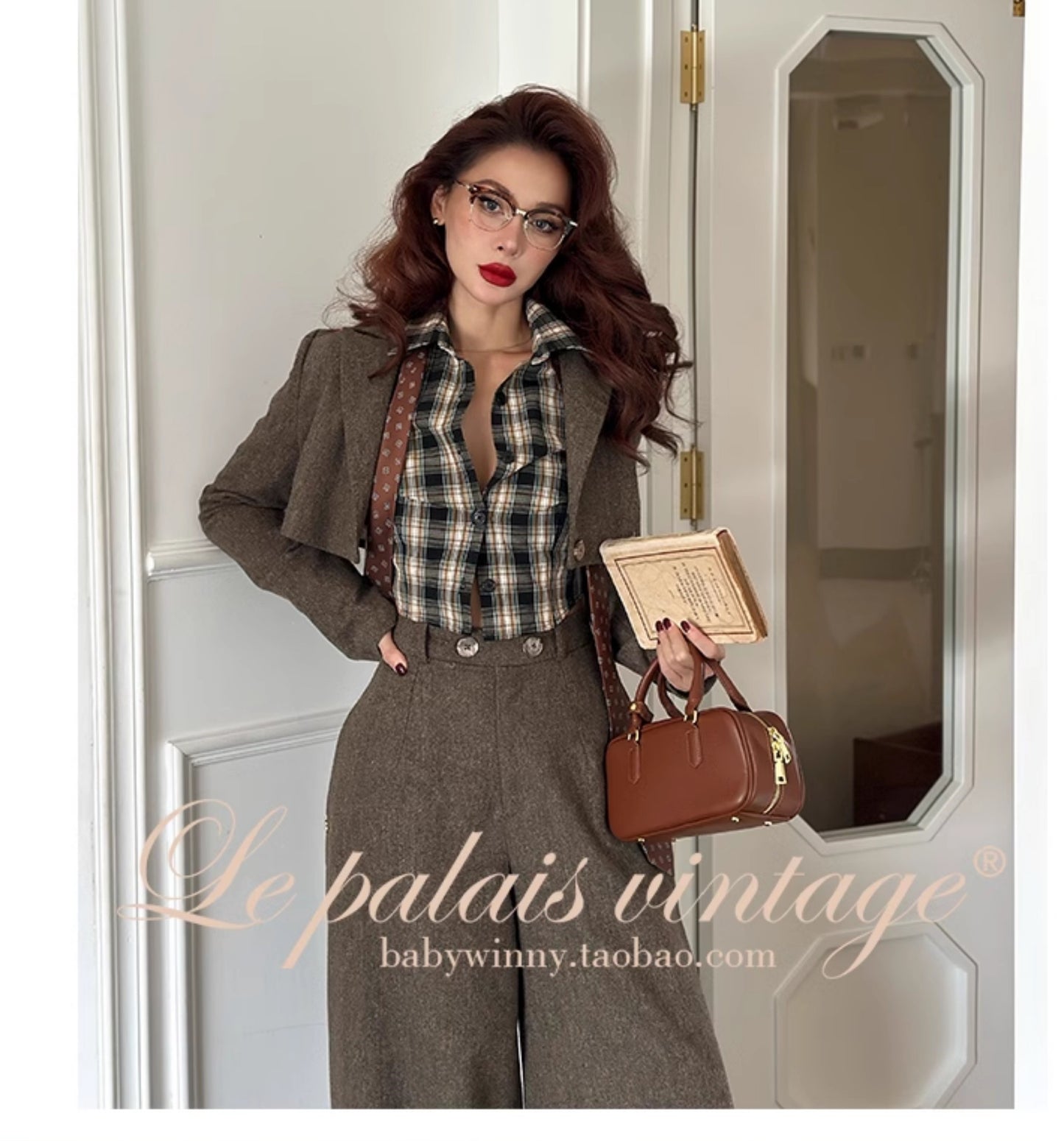 Le Palais Vintage High End Plaid Vest Shirt Pleated Sexy Office Suit Skirt-Stella