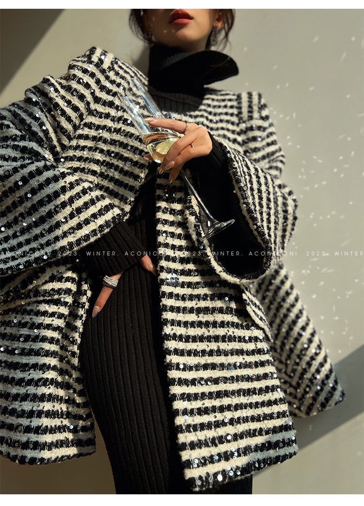 Aconiconi Elegant Black And White Stripe Long Sleeve Long Wool Coat- Quiet Night Flowing Light