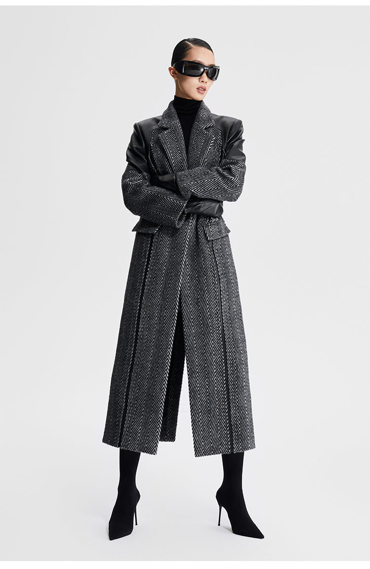 LEDIM W original wool women autumn winter patchwork herringbone coat - Miela