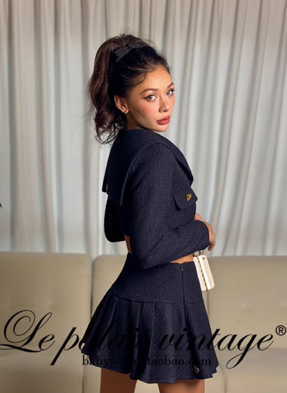 Le Palais Vintage Elegant Navy Collar Short Jacket + Chic Pleated Skirt-MARYANN