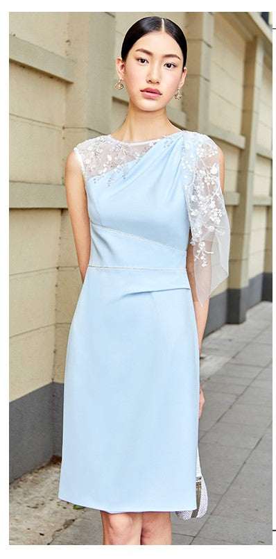 SIDUO Elegant mid skirt short sleeves mid waist slim fit baby blue banquet dress-Alice ( V )