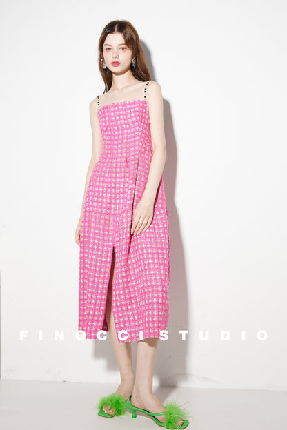 Pink Tweed Delicate Sequins Flat Beaded dress - Cueiw