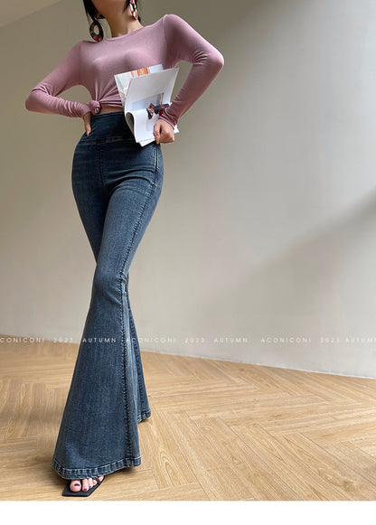 Aconiconi Elegant Jean Retro High Waist Elastic Slim Fit Mermaid Flared Pants- Land Mermaid