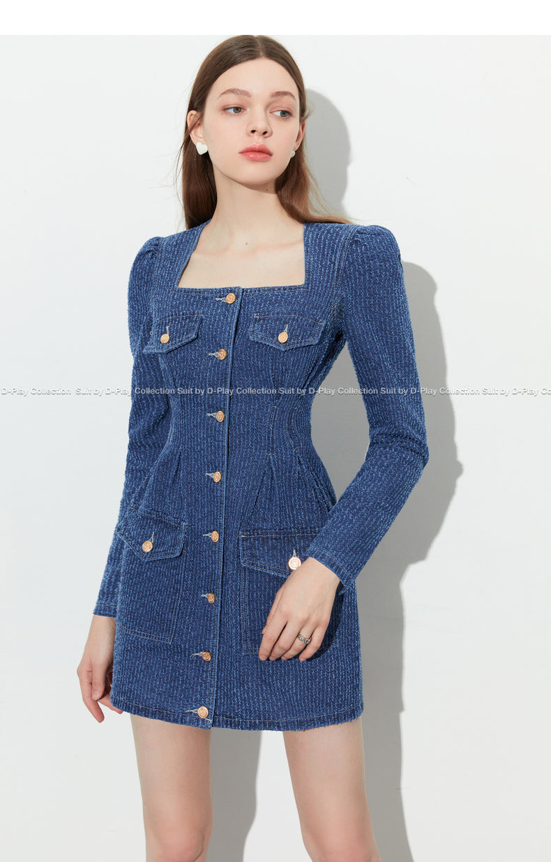 DPLAY fall Autumn Vintage French Square Neck Puff Sleeve Denim dress - Kaidi