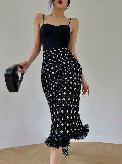 Aconiconi Luxury Black French Retro Starry Sleeveless Top/ Hip Hug Skirt- Manmanxingyu