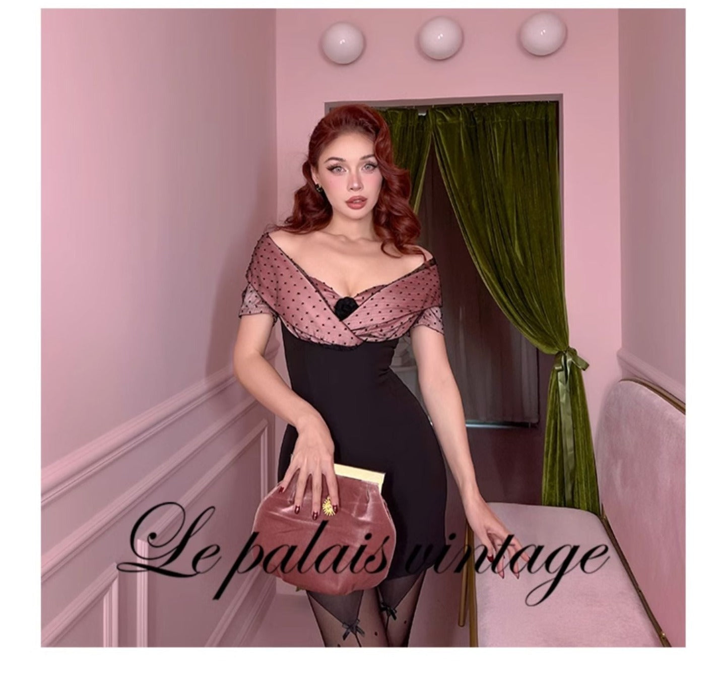 Le Palais Vintage original elegant pink black lace dress only - Tiolo