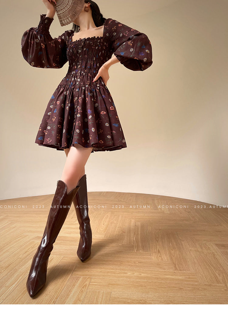 Aconiconi Autumn Floral print French A line brown cottage Dress- Samba Moon