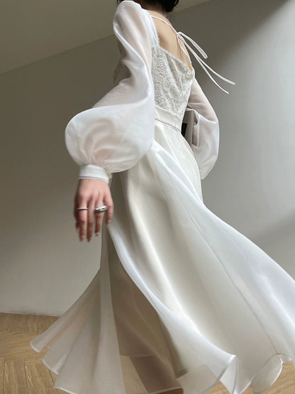 Aconiconi Elegant White Long Sleeve bridal reharsal Dress- Listen Spring